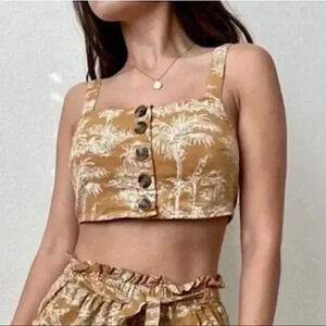 American Eagle | Linen | Palm Tree Tropical | Smocked Crop | Tank | size M